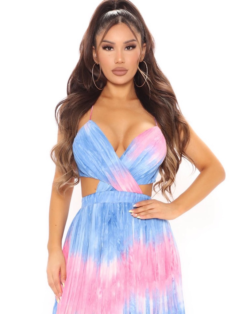 🌴Fashion Nova Pink Blue Tie Dye Pleated Maxi Dress Open Back Resort Wear